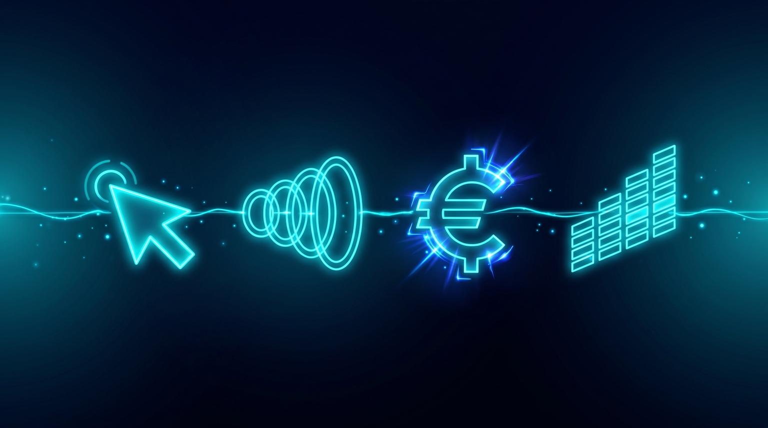 Key tracking metrics as four glowing cyan data points in a horizontal row: a click symbol, a conversion funnel, a currency symbol, a stacked bar pattern, connected by a thin filament line with electric-blue accent on the most important metric