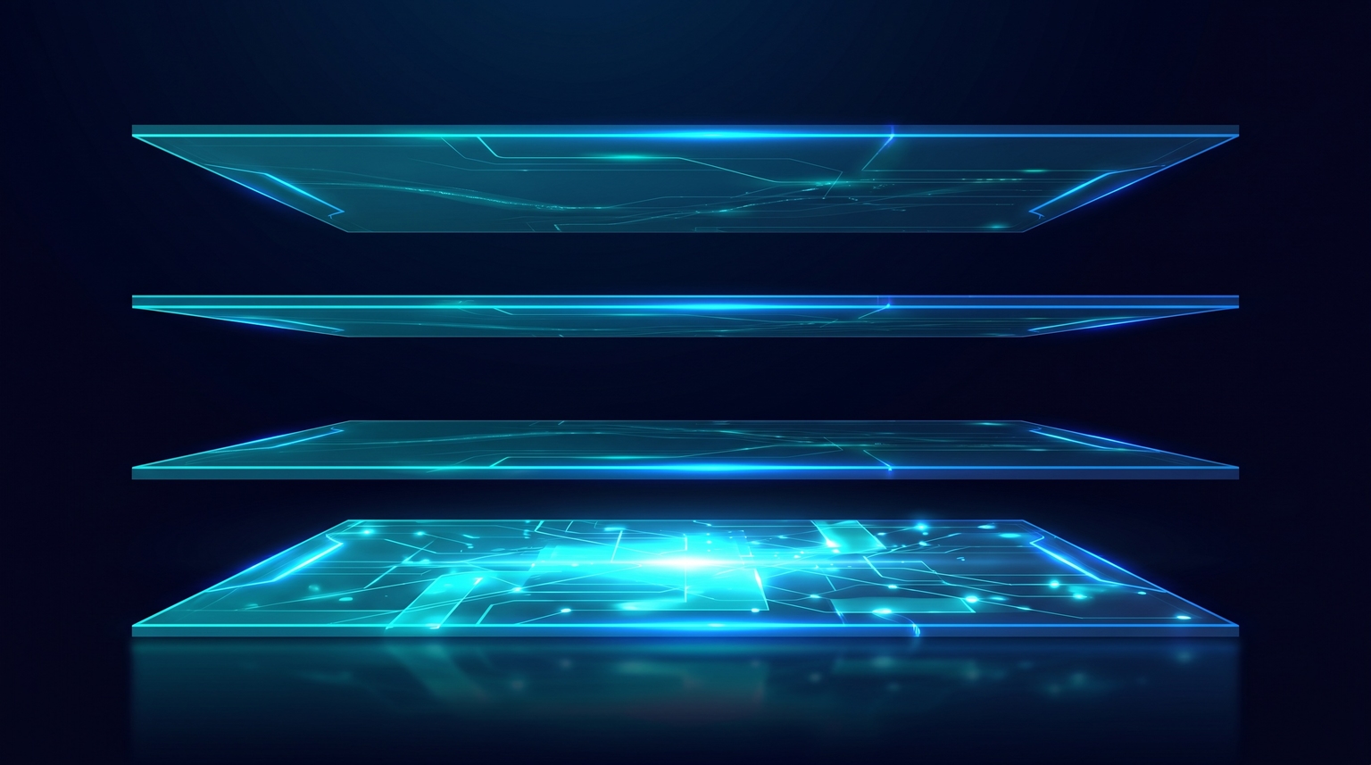 Four tracking layers stacked vertically: network reporting, UTM, on-site analytics, conversion API — cross-section view with each layer rendered in cyan and electric-blue highlights, the bottom layer (conversion API) brightest as deepest/most accurate