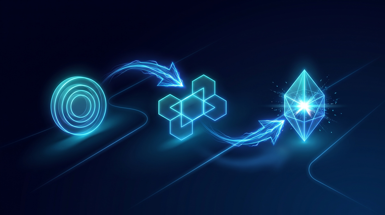 Conversion API data flow: three glowing cyan nodes (your site → merchant site → your system) connected by directional filament arrows, each node a translucent geometric form, with a small bright pulse at the final node suggesting conversion data received
