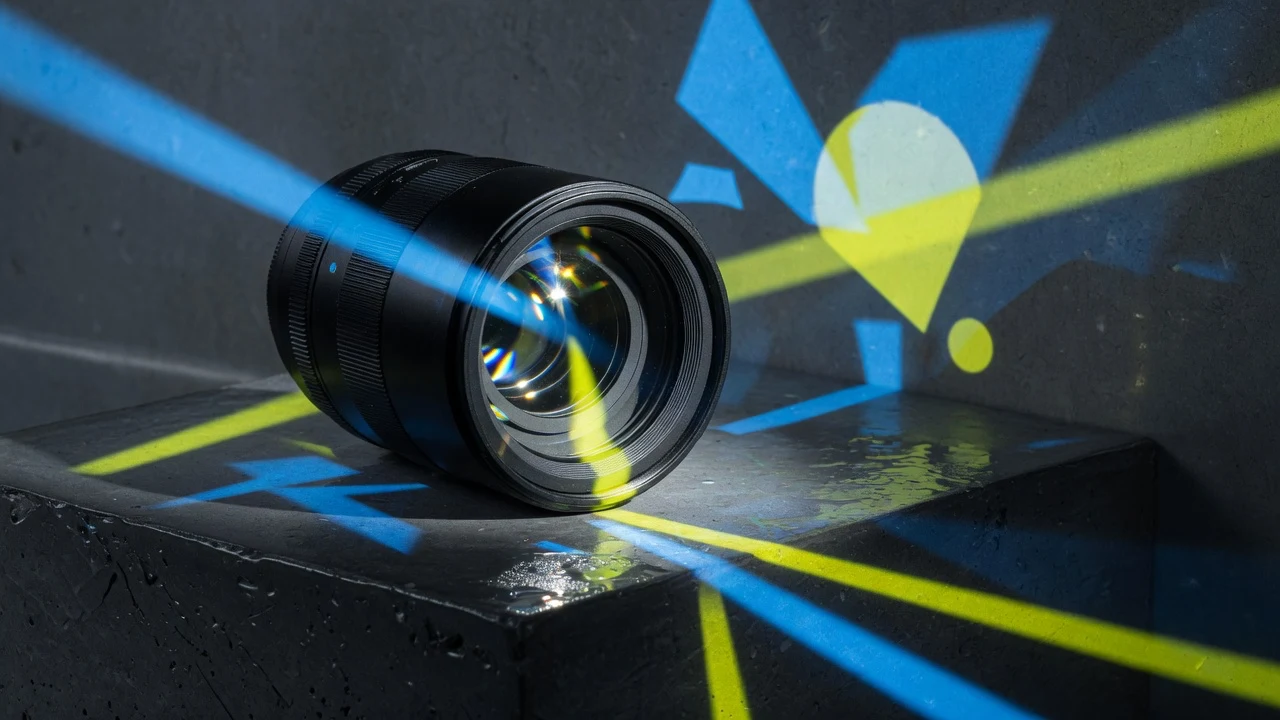 A small matte-black camera and a blue ceramic vessel on a walnut office desk in window light.