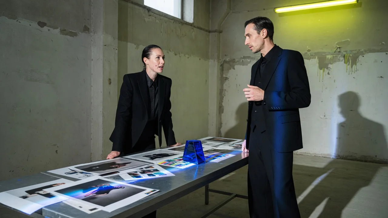 Two people in tailored black reviewing printed proofs across a steel table in a stripped concrete studio