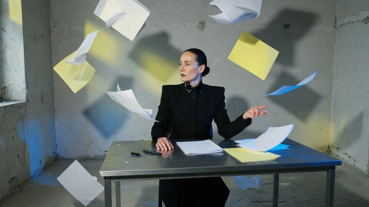 A writer at a steel desk with manuscript pages caught mid-air in a stripped concrete room