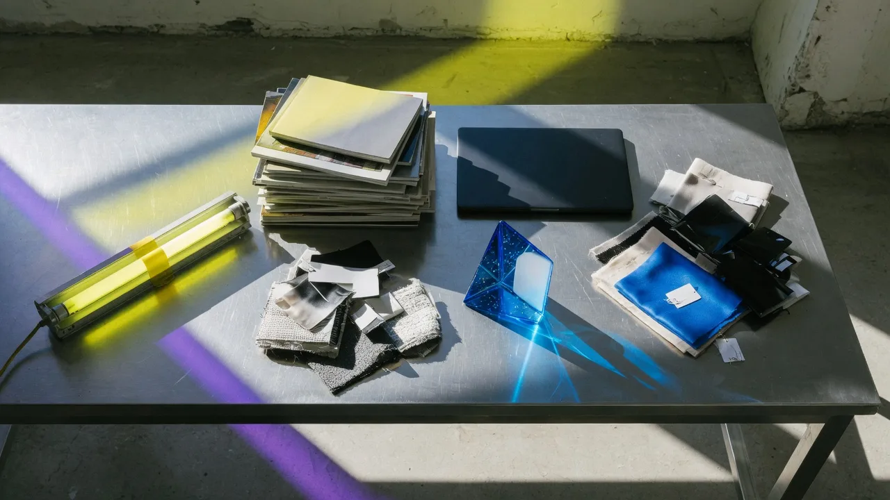 Overhead still of printed matter, fabric swatches, a laptop and a blue glass prism on a steel table