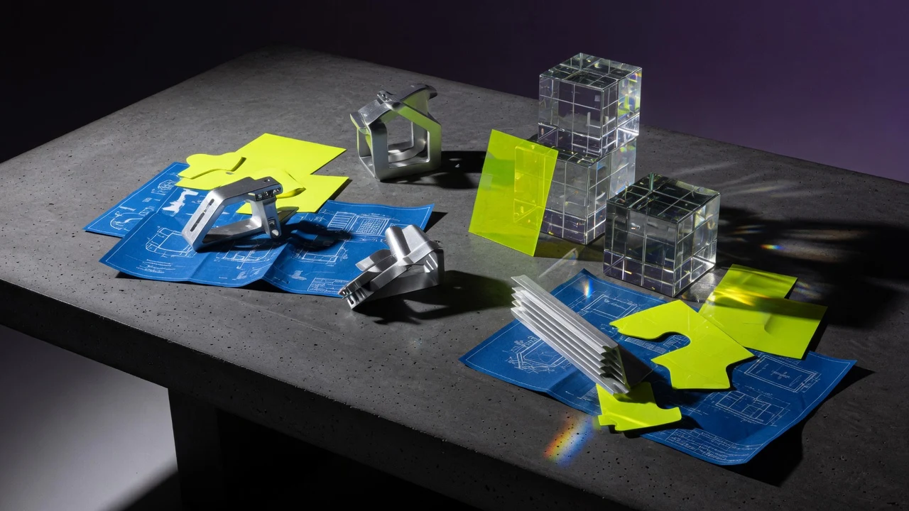 Conceptual tabletop still of blueprints, glass cubes, and citron sheets representing the X Enterprises portfolio