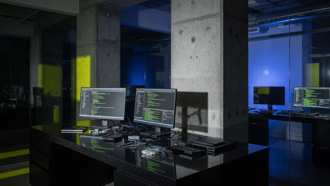 Conceptual dark studio still with monitors and blue and citron lighting