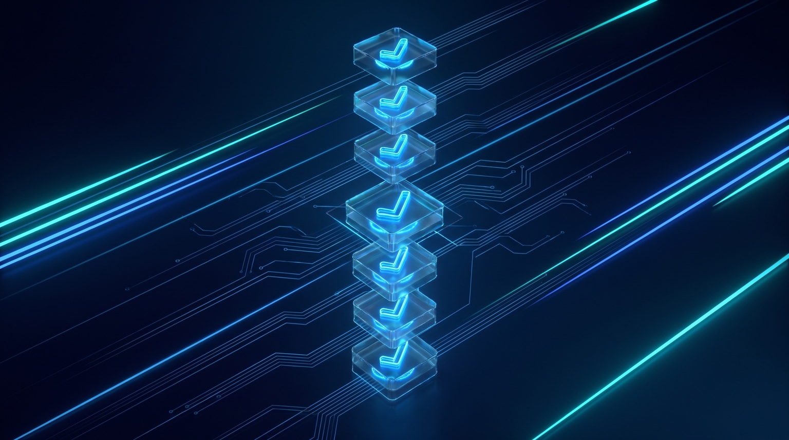 Compliance checklist: vertical column of translucent rows each with a glowing electric-blue checkmark, six or seven rows with editorial precision and subtle gradient background