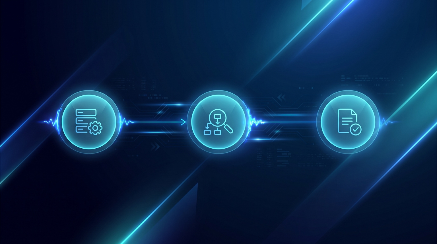Implementation workflow: three cyan nodes connected left-to-right (Templates Setup, Audit Process, Documentation), each with a small electric-blue pulse and subtle path lines connecting them