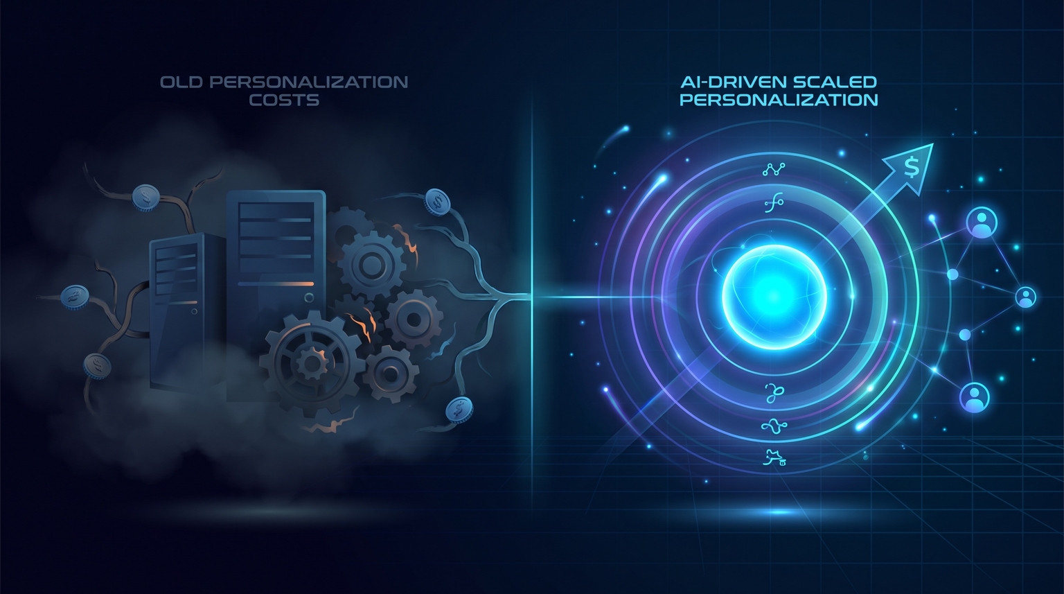 AI shifting personalization economics — faded expensive infrastructure on the left, radiant AI core with translucent capability rings on the right