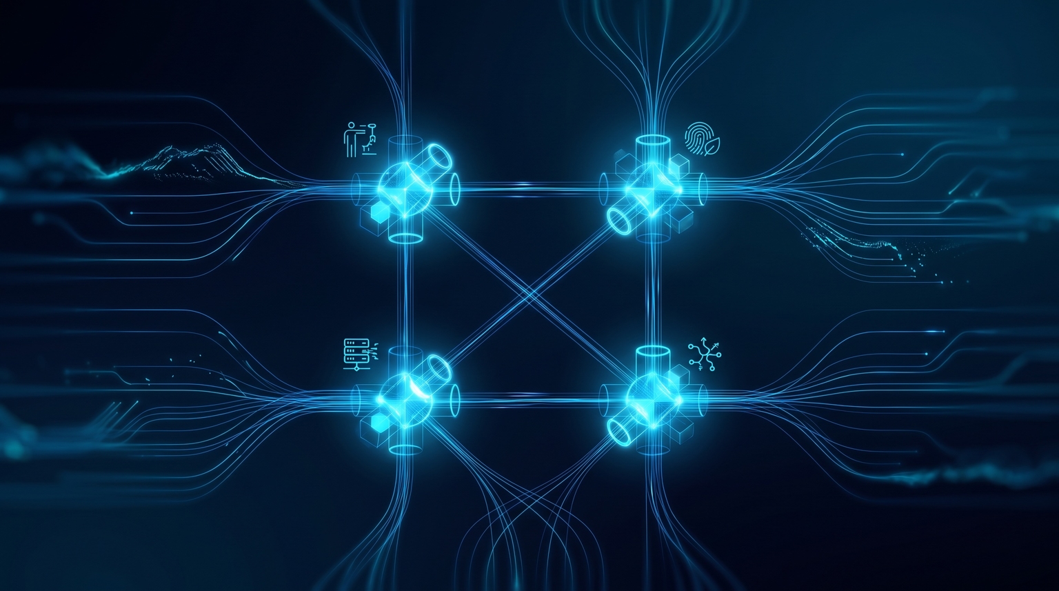 Four-strategy matrix for the AI era — four glowing cyan nodes in a 2x2 grid with thin filament lines suggesting relationships: Embrace as Augmentation, Double Down on Authenticity, Build Data Advantages, Experiment Aggressively