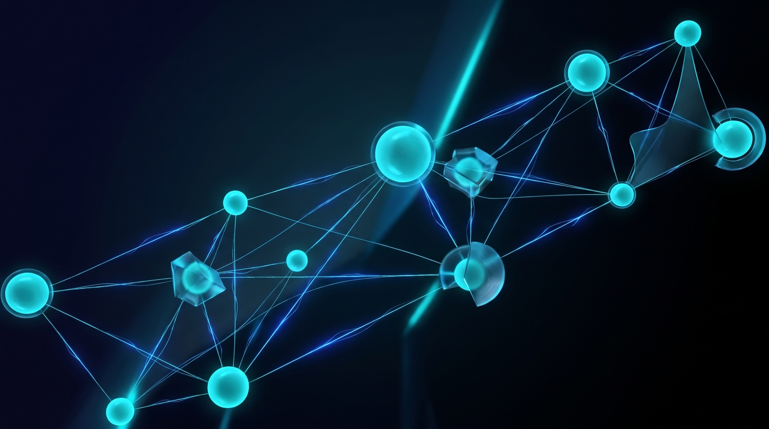 Safe patterns: bright glowing cyan nodes representing content that survives algorithm updates, connected by filament lines suggesting the qualities they share (research, voice, experience, revision)
