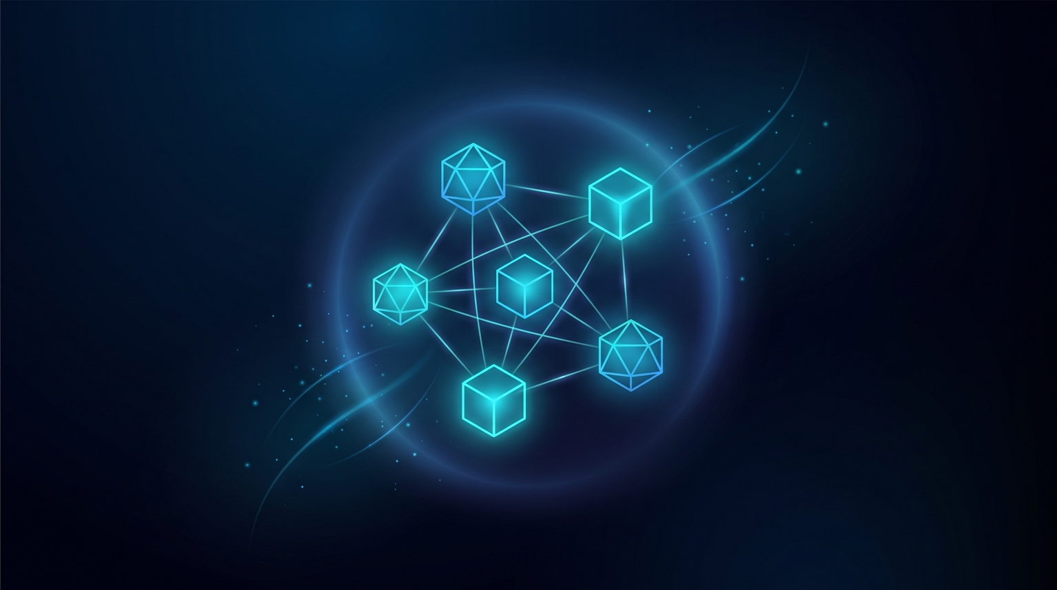 Daily-driver tools cluster: five glowing cyan geometric nodes (representing primary tools) tightly grouped and connected by filament lines forming a focused cluster with subtle radial halo