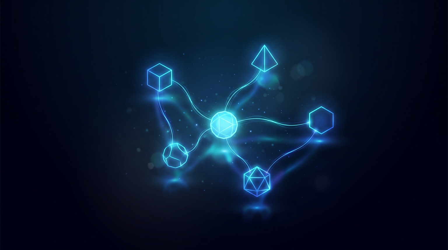 Regular tools cluster: five dimmer cyan geometric nodes (representing secondary tools) more loosely arranged with thinner filament connections and subtle gradient background