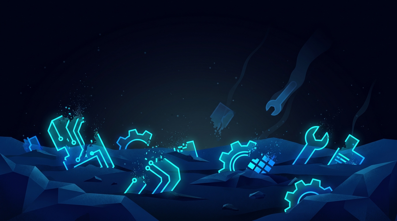 Abandoned tools graveyard: faded cyan geometric shapes scattered and broken, representing tools we stopped using — some fragmented, some fading away, subtle dust particle field