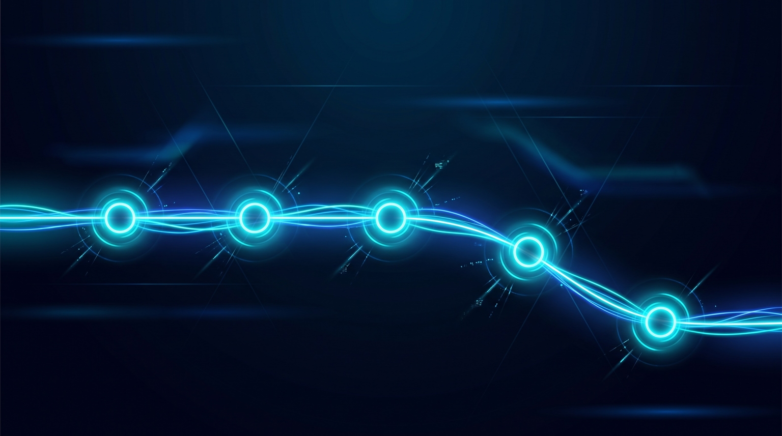 Commission rate change timeline: horizontal timeline with multiple bright cyan nodes representing major rate reductions over time, subtle line connecting them showing the downward trend