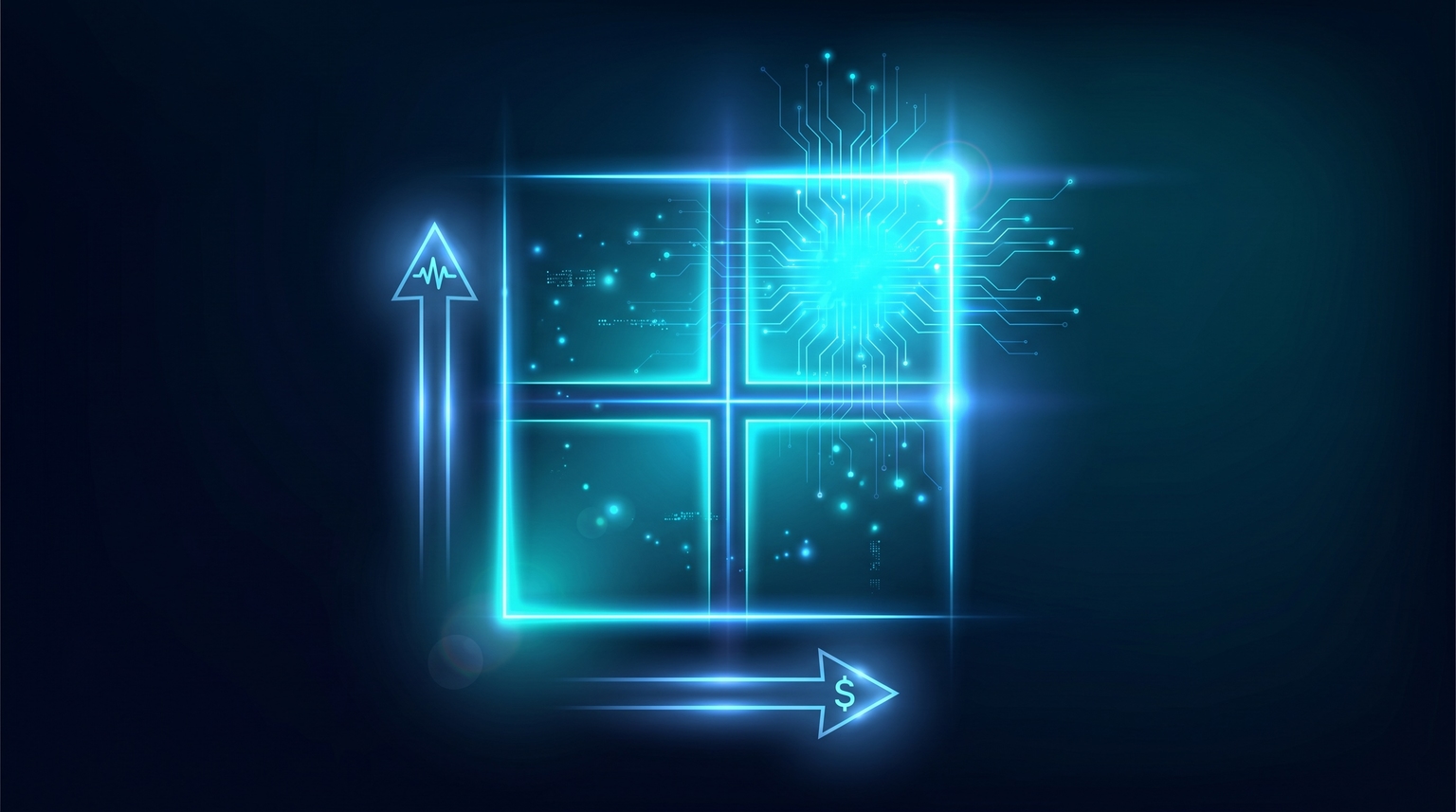 Impact assessment matrix: 2x2 grid showing traffic/quality on one axis and revenue impact on the other, each cell in varying cyan intensity, the high-traffic + high-impact cell brightest