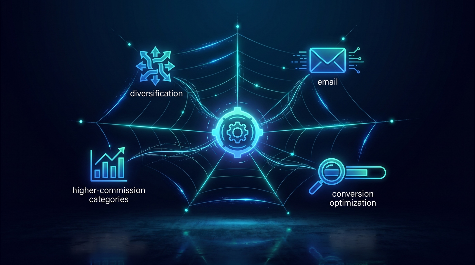 Adaptation strategy: multiple cyan nodes representing adapted strategies (diversification, email, higher-commission categories, conversion optimization) connected by filament lines forming a hub-and-spoke pattern around a central adaptation hub