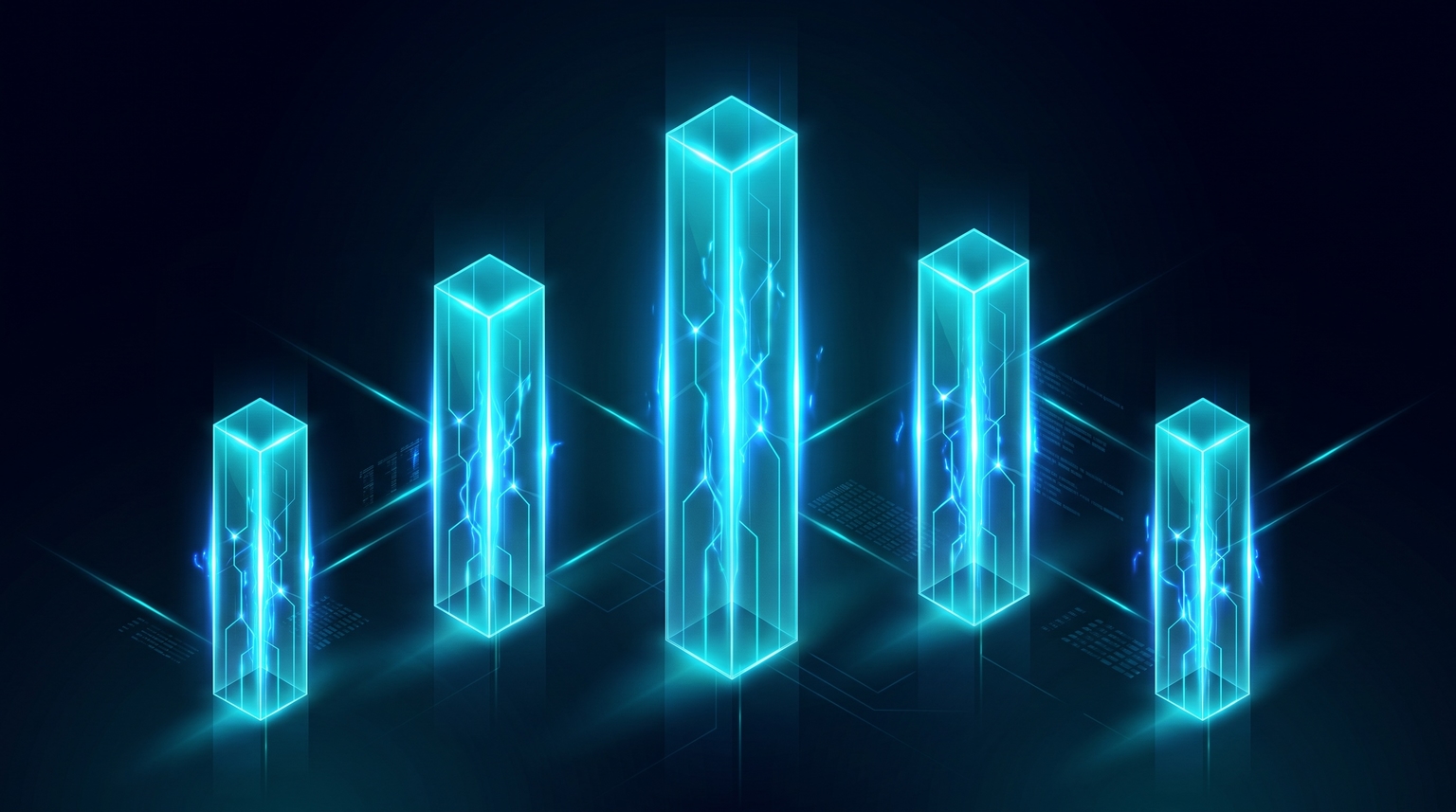 Voice pillars: five translucent vertical pillars (Personality, Perspective, Relationship to Reader, Vocabulary, Structure Patterns) of slightly different heights, each glowing cyan with electric-blue accents