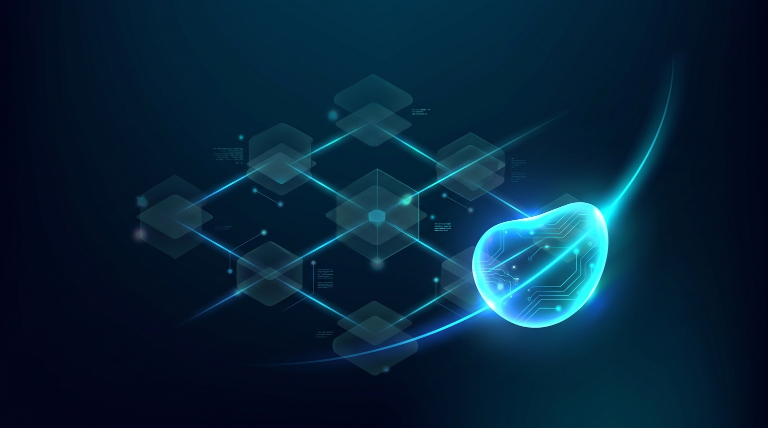 AI voice challenges: multiple dim cyan shapes representing AI-default content patterns, contrasted with one bright distinct shape representing the properly anchored brand voice, with subtle contrast