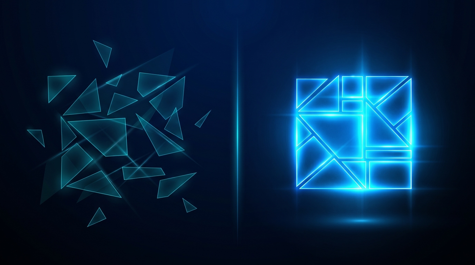 Before-and-after brand consistency: scattered fragments on the left consolidating into aligned composition on the right