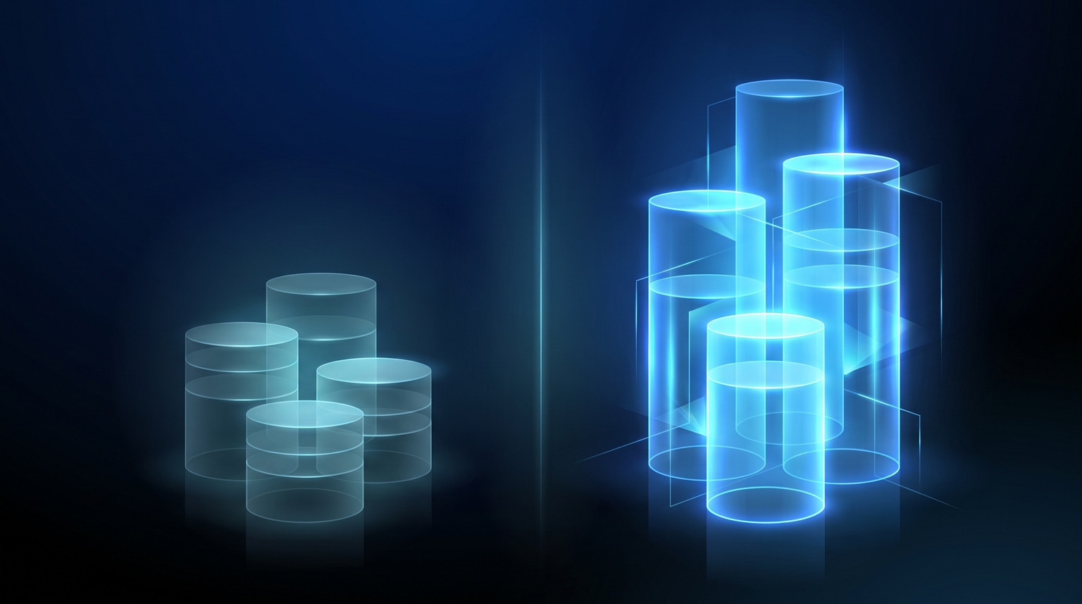 Network vs direct revenue comparison: two stacks of glowing cylinders, network stack on the left in dim cyan (shorter), direct stack on the right in electric-blue (taller), suggesting 2-3x more revenue