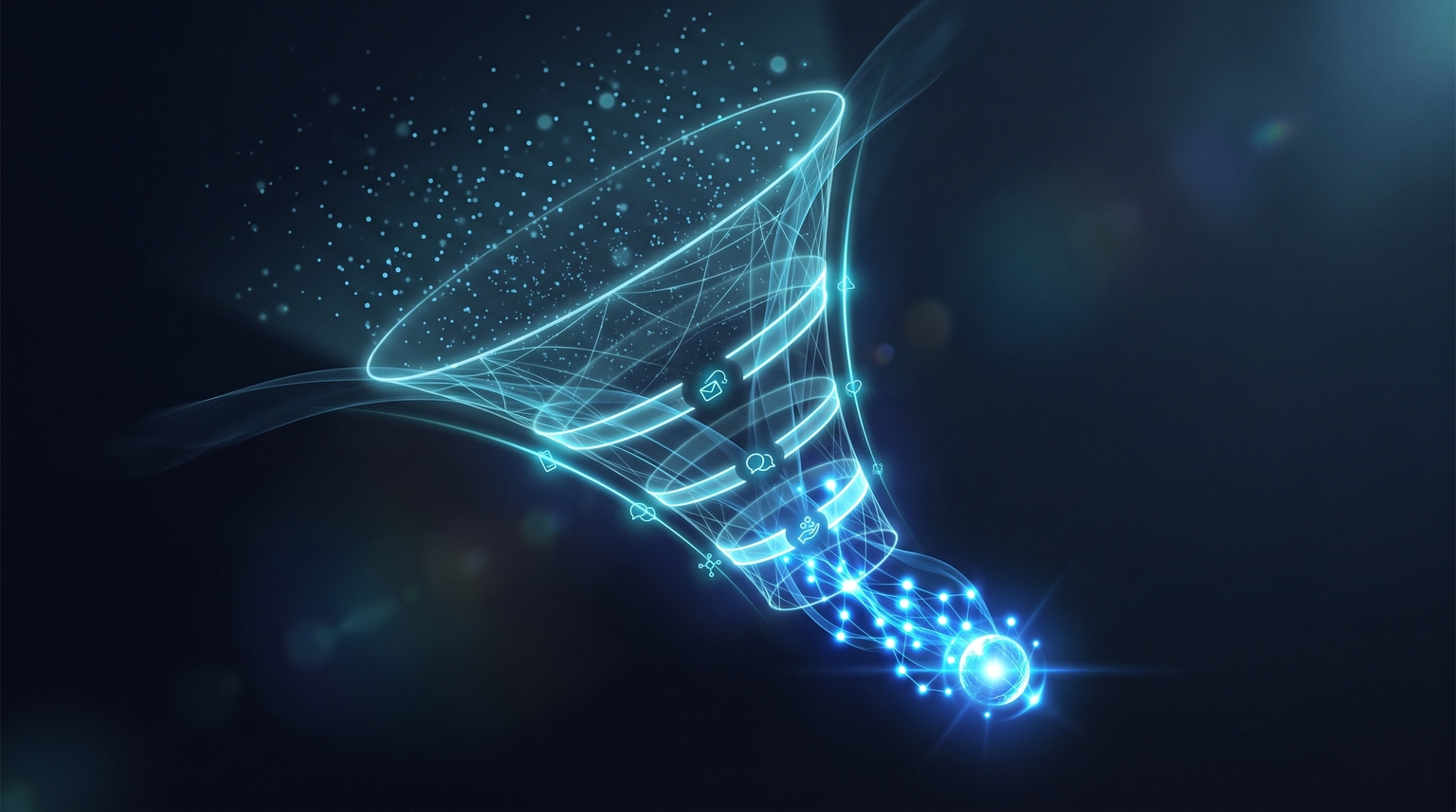 Outreach funnel: many faint cyan dots at the top (cold prospects) narrowing through stages (initial outreach, first conversation, ongoing relationship) to a small cluster of bright electric-blue points (active partners) at the bottom