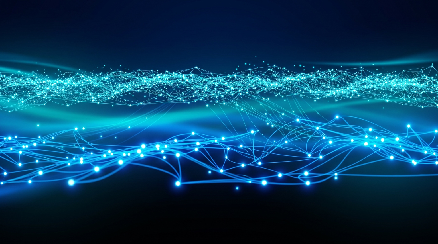 Scaling strategy: two horizontal bands — network on top (thin layer of many small cyan dots for breadth), direct below (thicker layer of fewer brighter electric-blue points for depth relationships), gradient between them