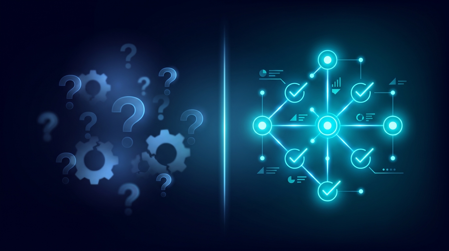 Assumptions vs Validation: faded scattered question-mark shapes on the left (assumptions) vs bright structured cyan node cluster on the right (validated facts)