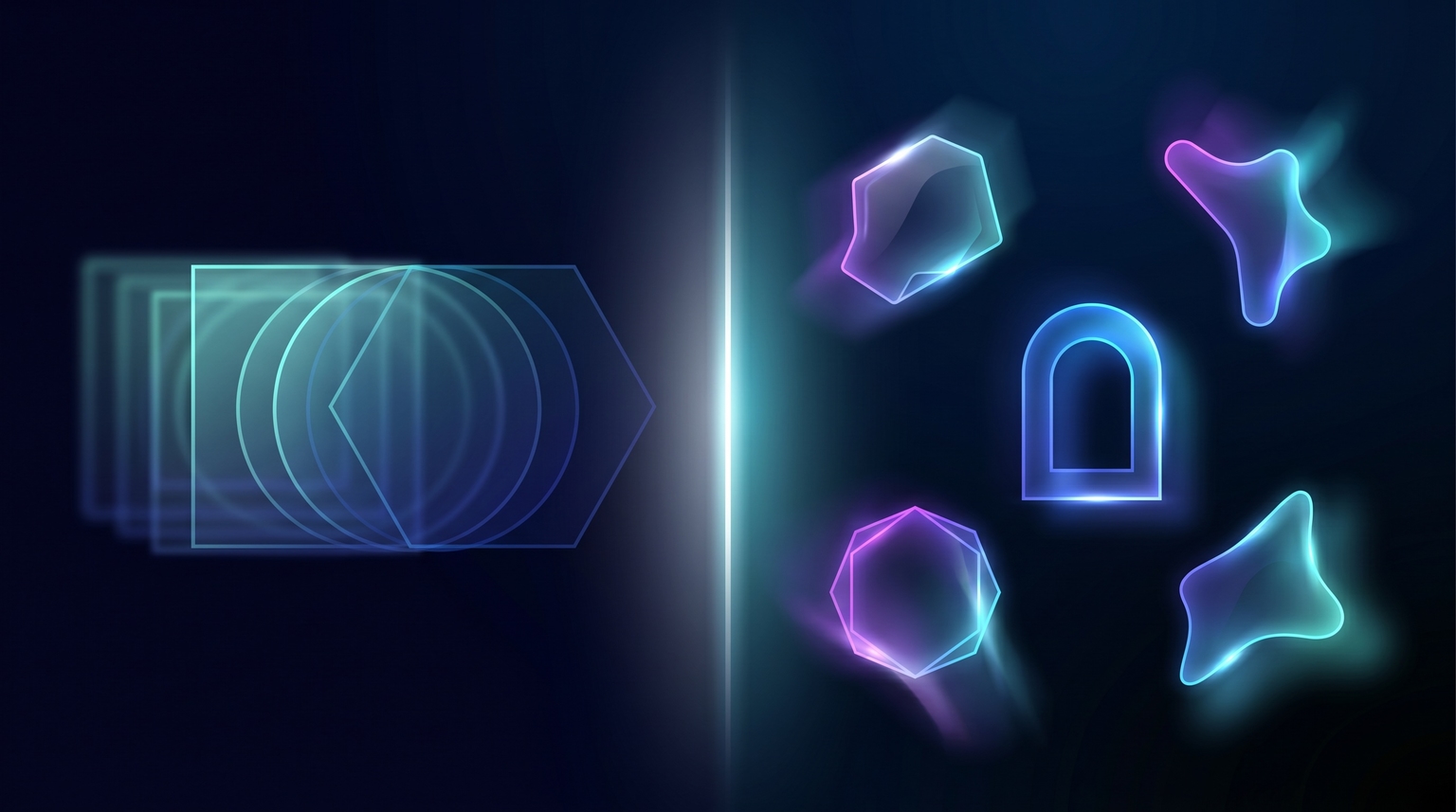Generic vs Distinct: faded identical overlapping geometric forms on the left (generic brands) vs distinct translucent shapes with varied glowing colors and unique silhouettes on the right (distinct brand identities)