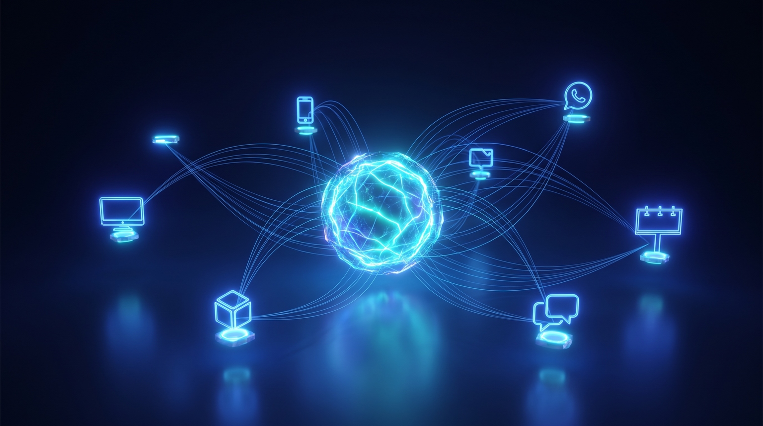 Brand identity implementation: a central brand identity node radiating outward to multiple application nodes (website, social, packaging, advertising) connected by thin filament lines fanning out in different directions