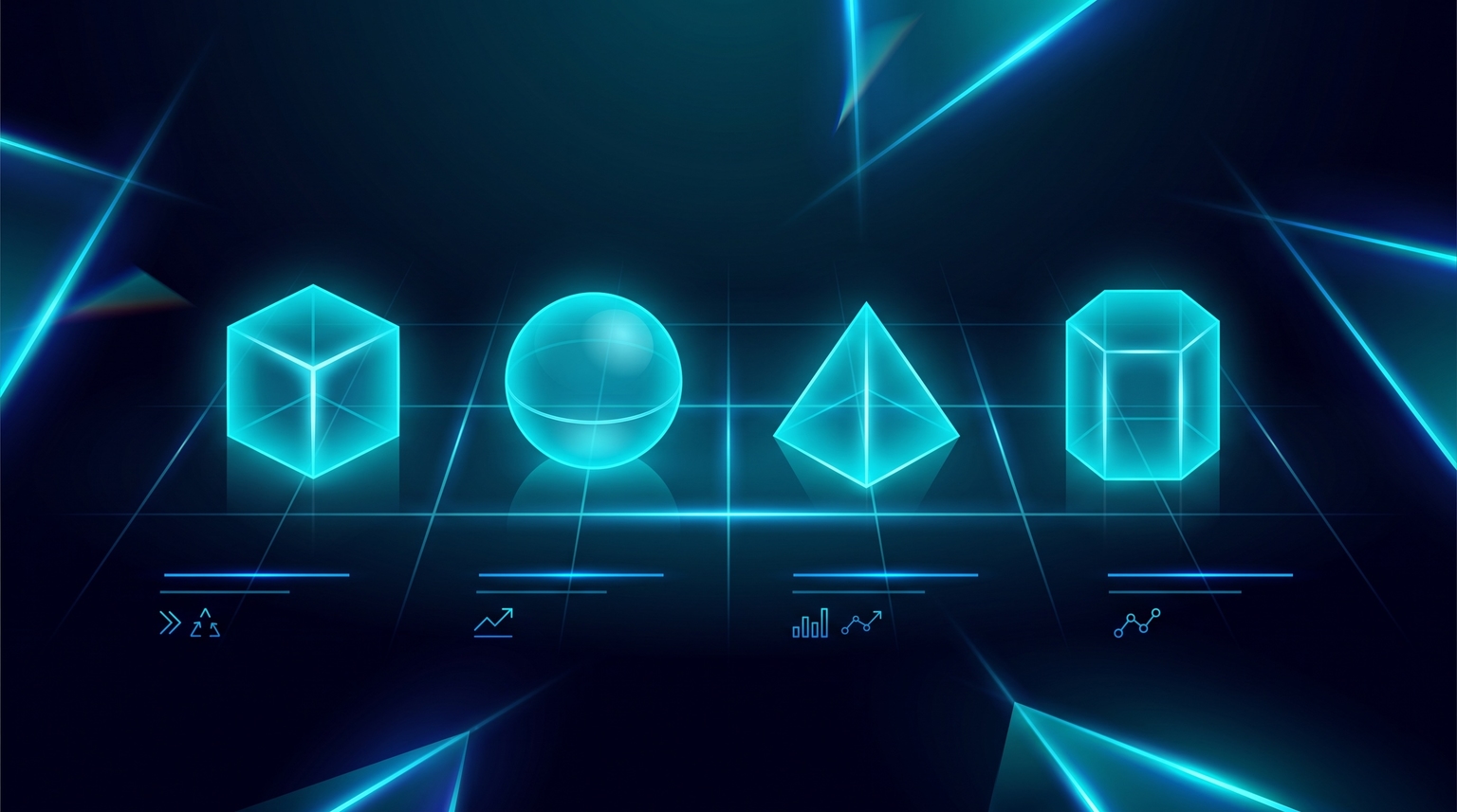 Network comparison matrix: four glowing cyan geometric shapes of slightly different forms (CJ, Impact, Awin, ShareASale) arranged in a horizontal row with subtle comparison labels