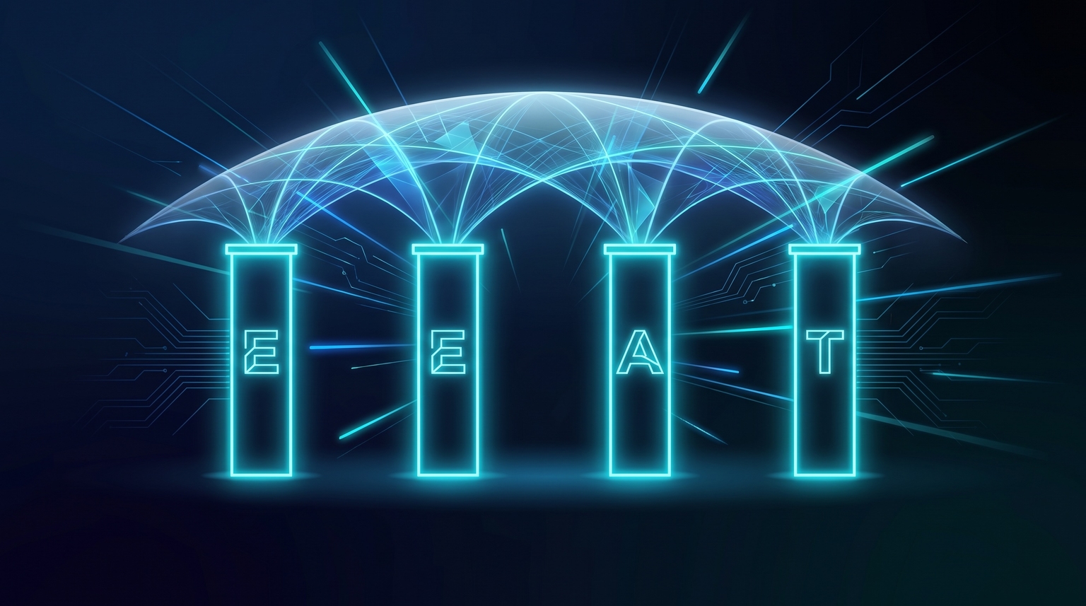 E-E-A-T as four trust pillars — four glowing cyan vertical pillars of equal height arranged in a row, supporting a translucent overhead canopy of trust signals