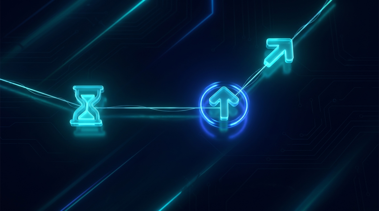 Reader behavior metrics: three cyan data points (time on site, direct traffic, conversion rate) connected by thin filament lines forming a small constellation, brightest data point has electric-blue accent