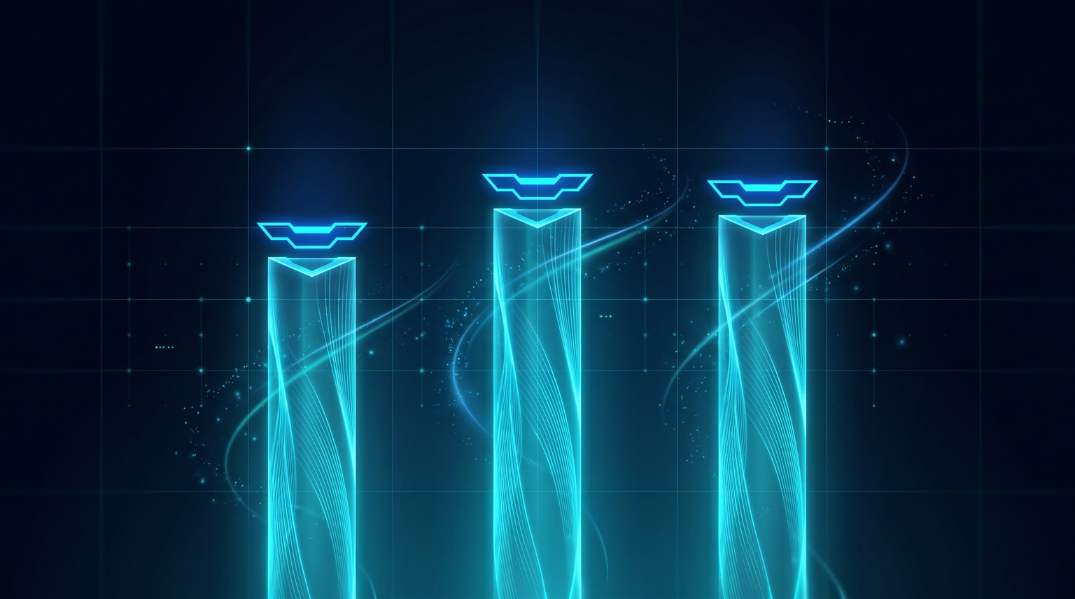 Three market signals (Active Frustration, Workaround Behavior, Community Cohesion) shown as three translucent vertical pillars of equal height glowing cyan, each capped with an electric-blue accent