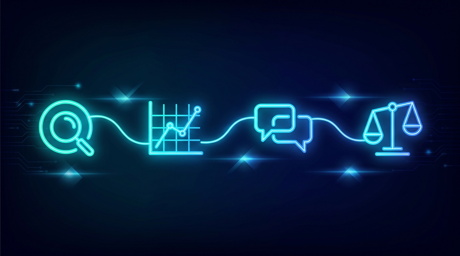 Four-step research process as connected cyan nodes flowing left-to-right: Discovery, Pattern Recognition, Validation Interviews, Market Sizing, each labeled by abstract geometric form suggesting its phase
