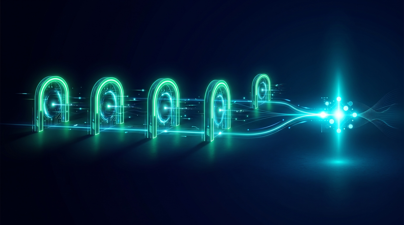 Five-question decision framework as checkpoint gates — five glowing cyan arches arranged horizontally, all lit leading to a single bright endpoint node on the right