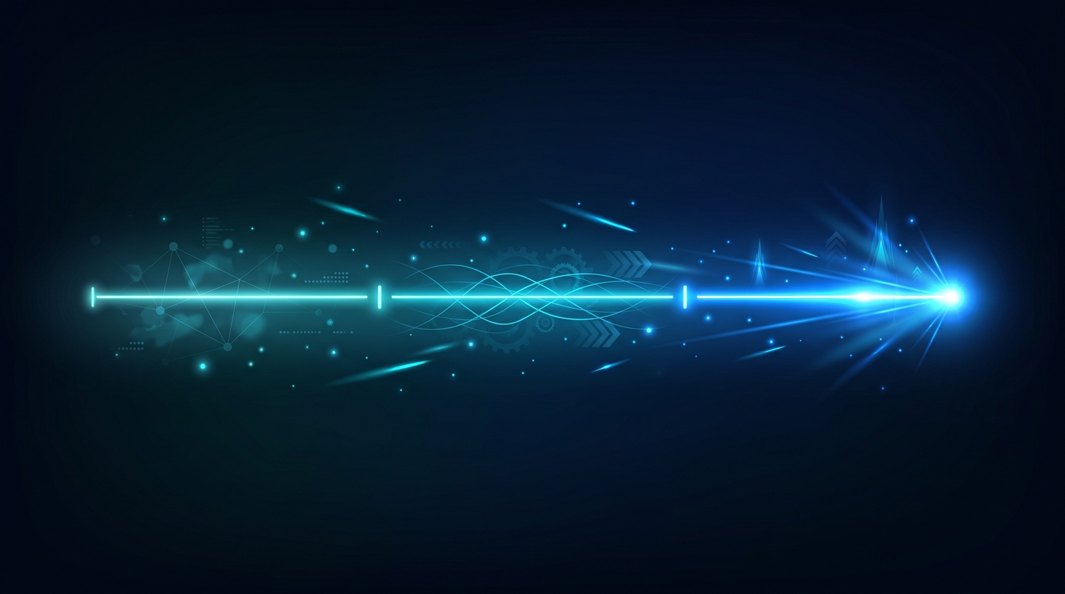 90-day timeline: horizontal glowing line divided into three sections of increasing intensity — concept (dim cyan), build (medium cyan), ship (brightest electric-blue with a small flare at the end)
