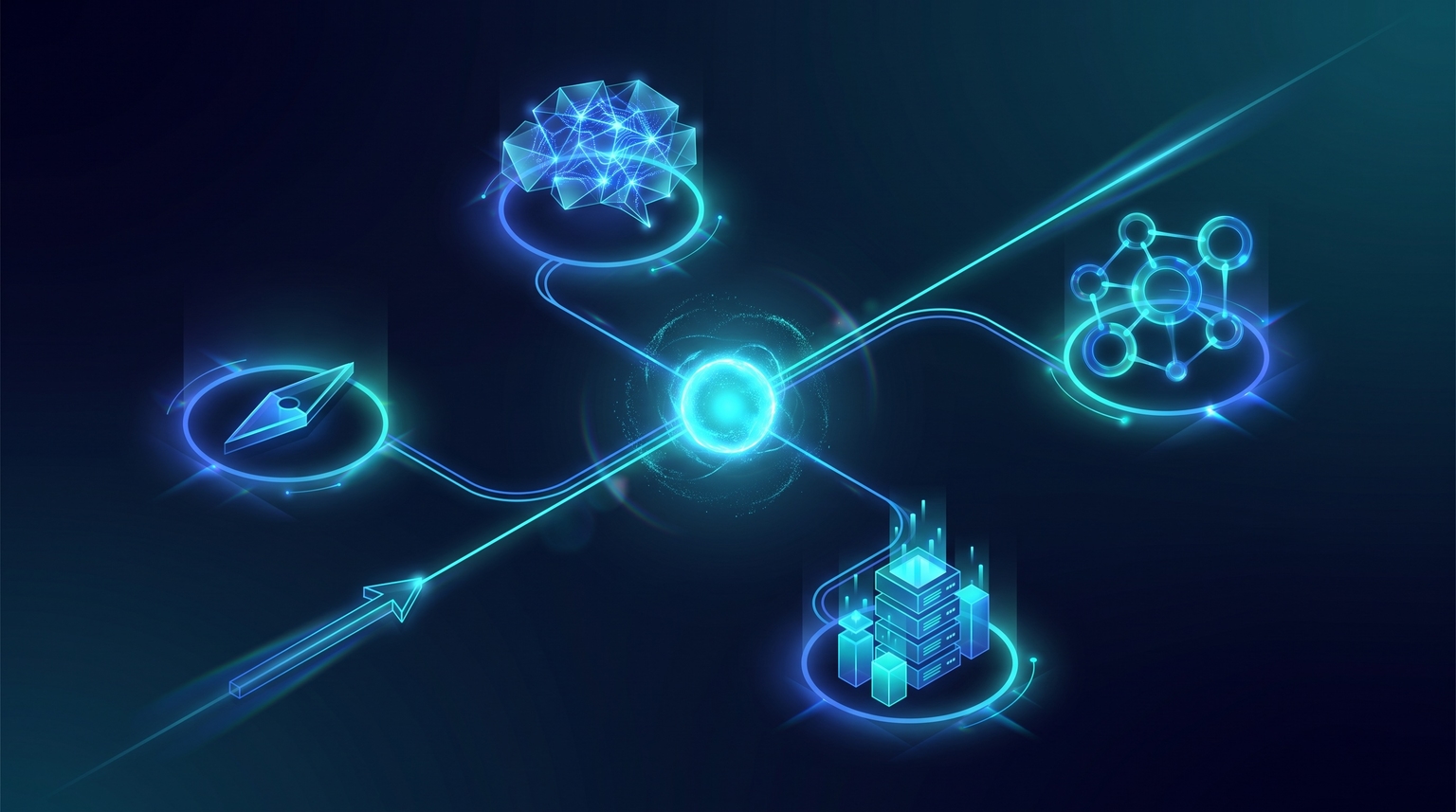 The unbundling of search: a central "search" node branching to four destinations — AI search, social search, vertical search, direct navigation — each as a distinct geometric form