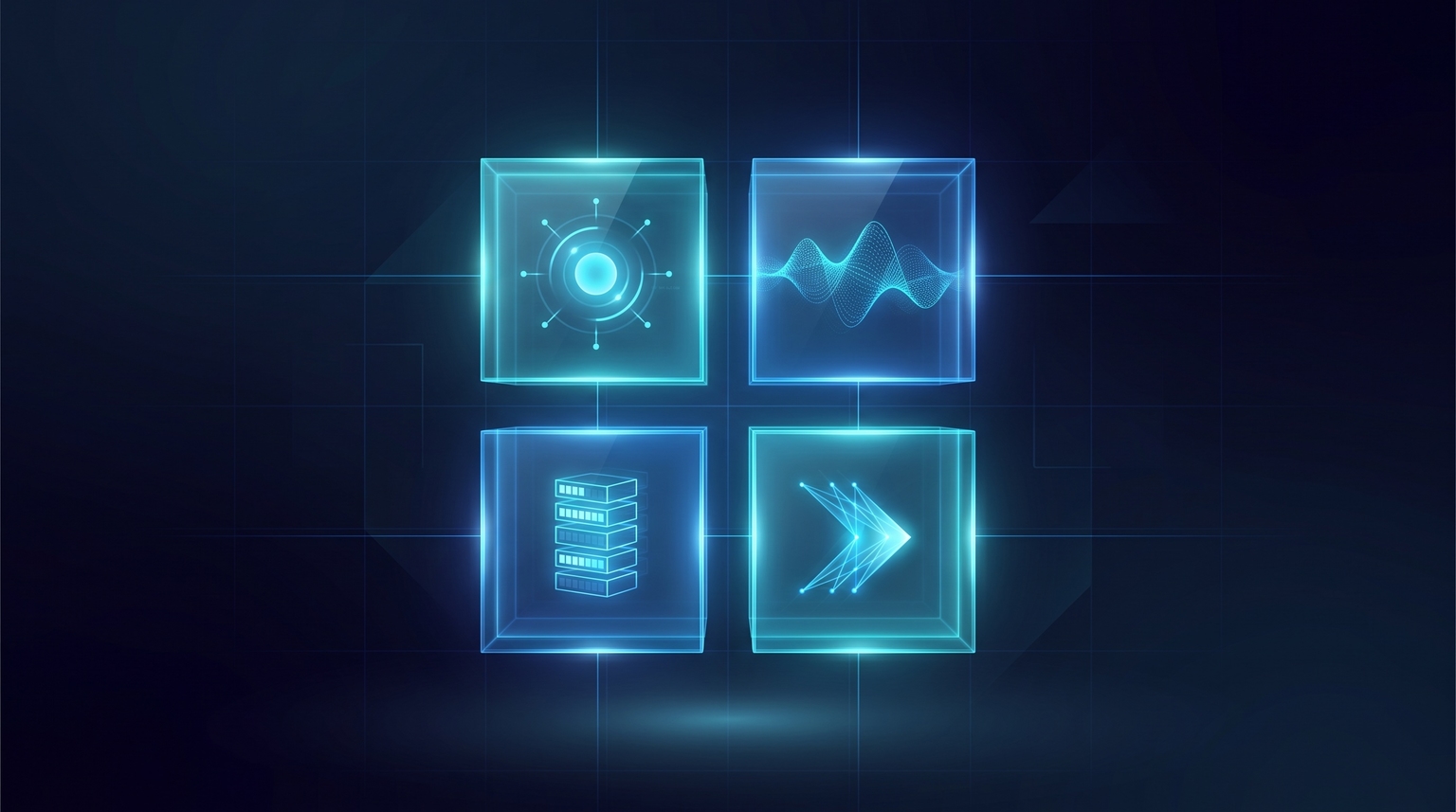 A 2x2 comparison matrix of search modes — each cell containing a different abstract symbol representing AI search, social, vertical, and direct navigation