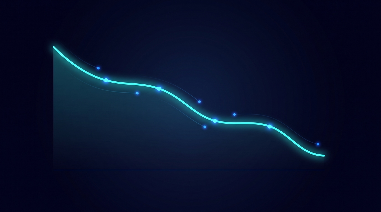 Organic traffic decline over time as a glowing line descending steadily from upper left to lower right, with small inflection-point markers along the curve
