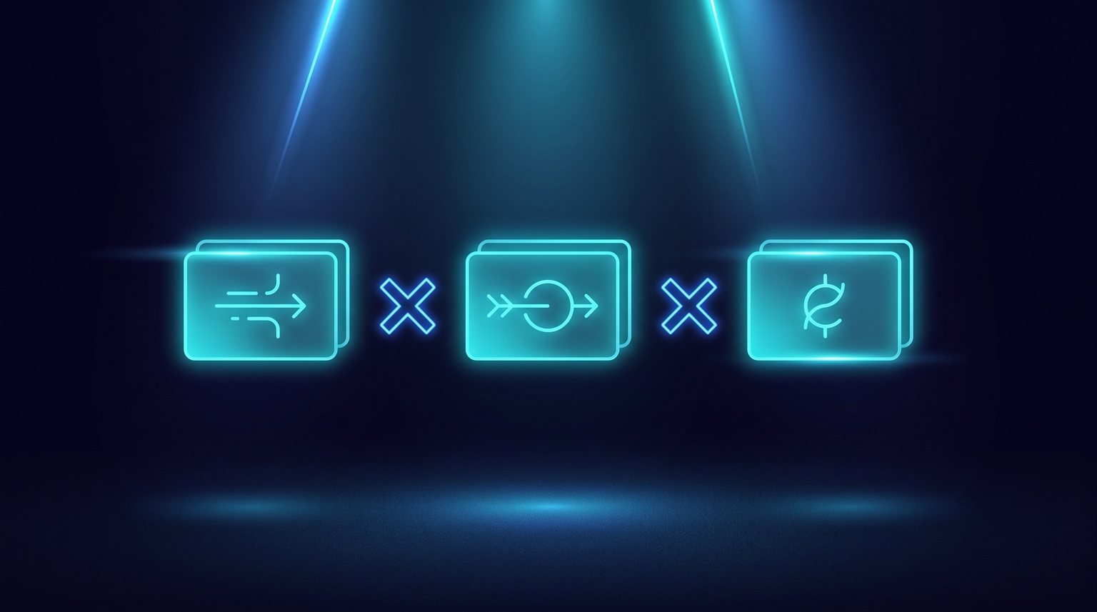 Income formula breakdown: three cyan boxes connected by multiplication symbols (Traffic × Conversion Rate × Average Commission), each box with a slight glow