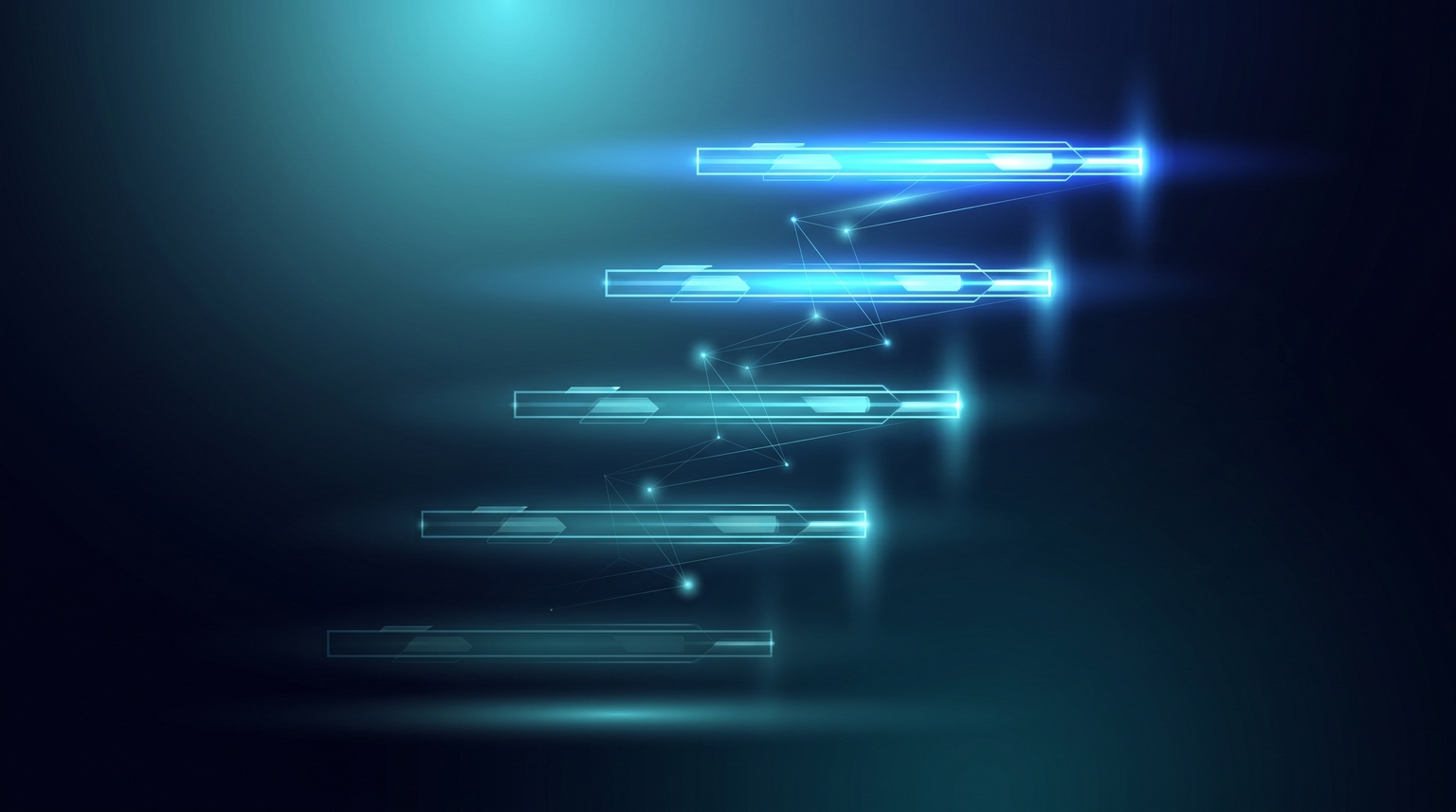 Income tier ladder: five ascending horizontal bars stacked vertically with increasing brightness — Tier 1 (hobby) dim cyan to Tier 5 (enterprise) brightest electric-blue, each bar at different heights