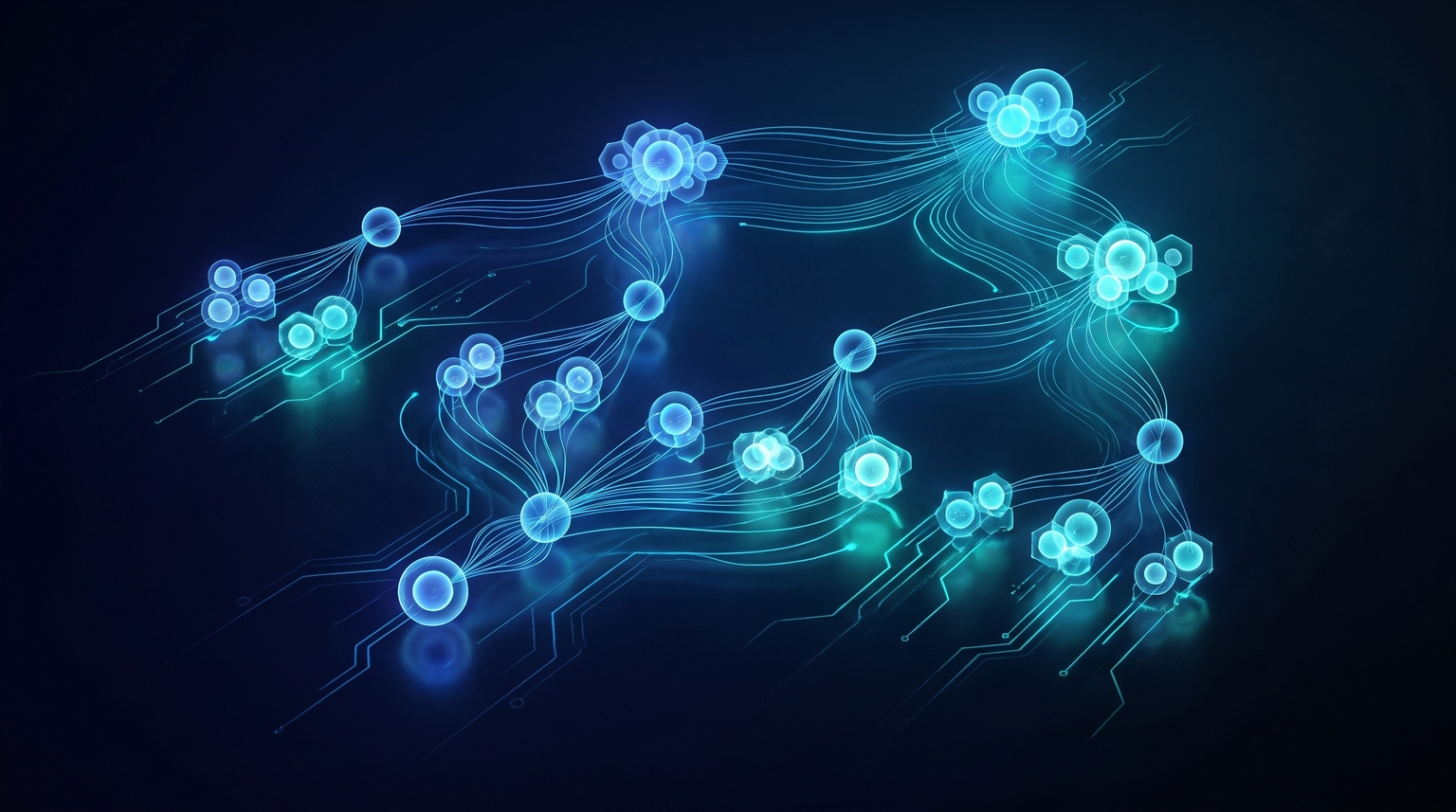 Tier-determining factors: multiple cyan nodes of varying brightness (niche selection, traffic quality, conversion optimization, monetization depth) connected by filament lines, representing the factors that determine which tier a site reaches