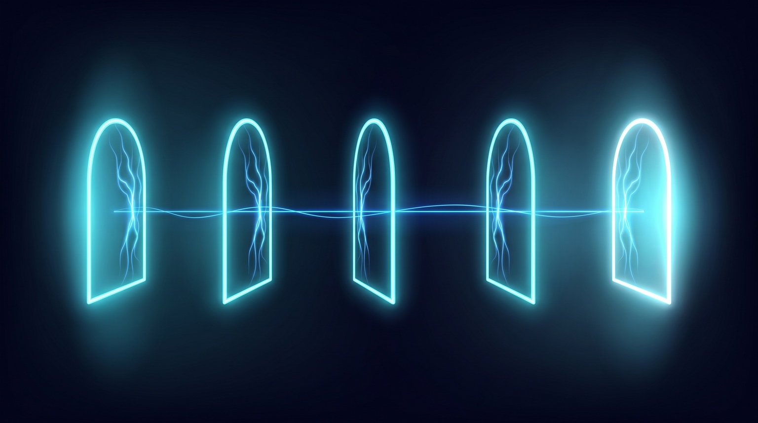 Five validation questions as checkpoint gates arranged horizontally — each gate a glowing cyan arch with an electric-blue pulse, connected by a thin filament line