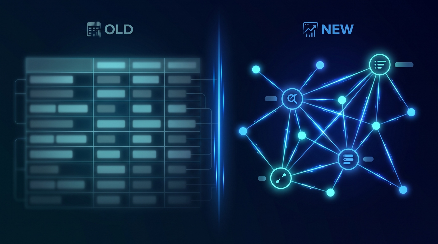 Old vs new keyword research: faded cyan spreadsheet-like grid on the left (old approach) vs connected node network with intent labels and SERP feature nodes on the right (new approach)