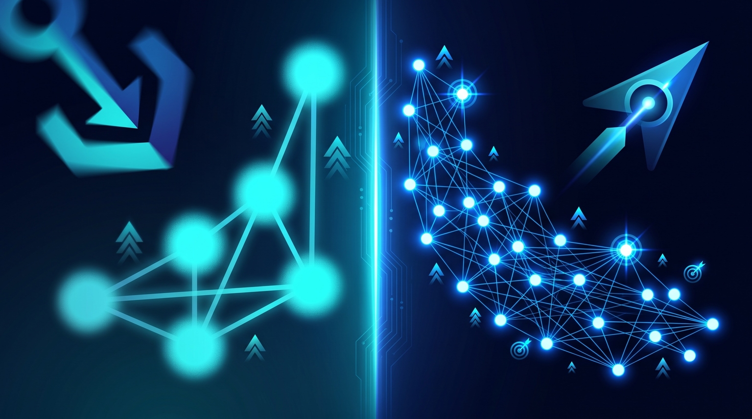 Head vs long-tail: faded large cyan dots on the left (head terms, high volume high competition) vs many smaller bright electric-blue dots on the right (long-tail, specific high-conversion queries)