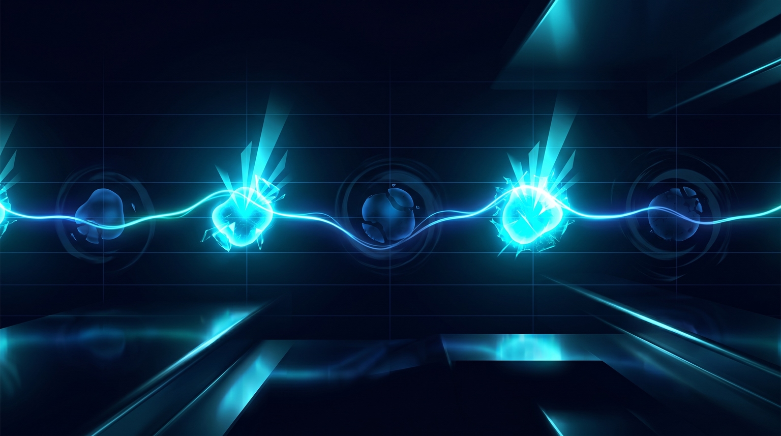 Aqualis journey timeline: a horizontal glowing cyan line with several milestone nodes of varying brightness — some bright (wins) and some dim (challenges)