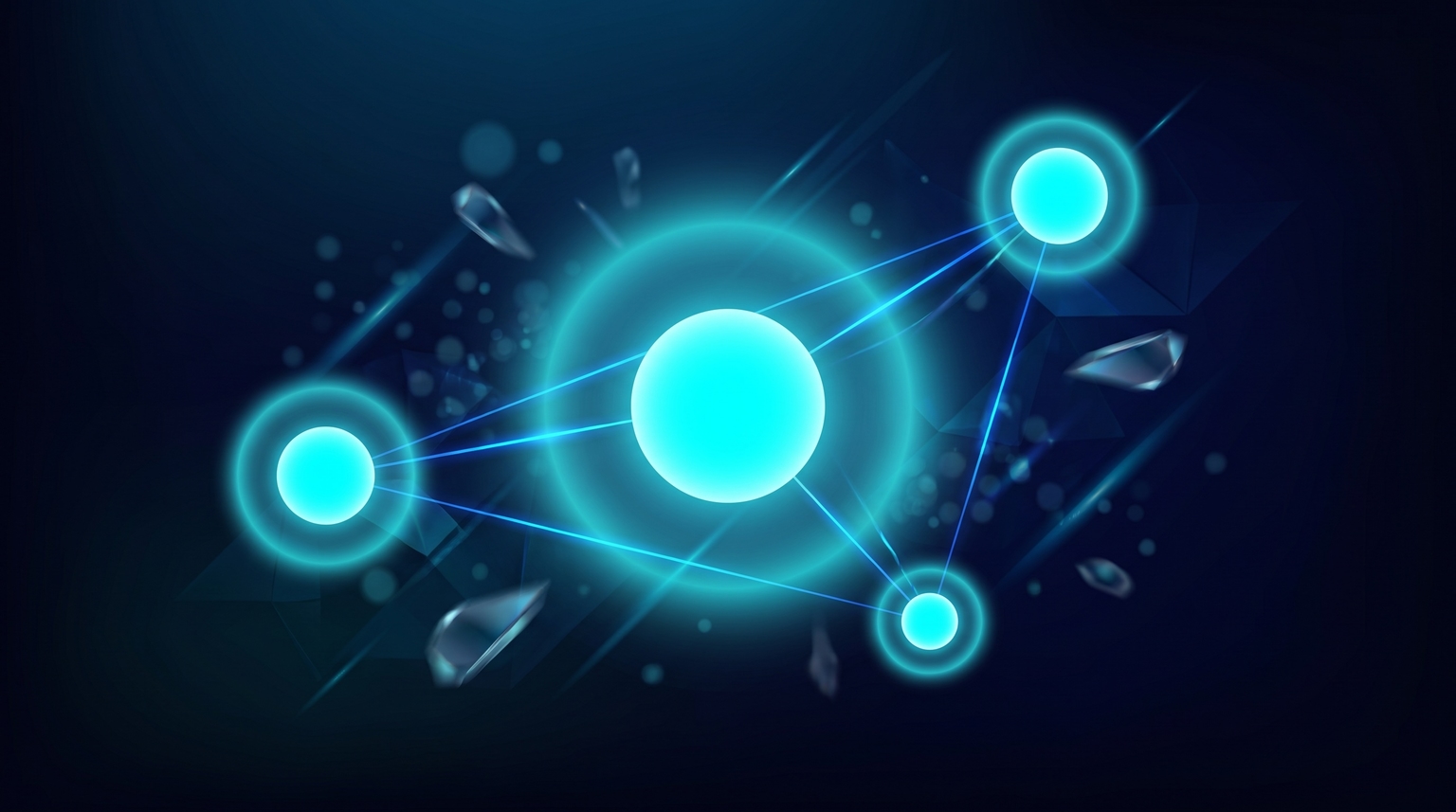 Three glowing cyan nodes representing key wins, connected by filament lines forming a small constellation with soft radiant halos