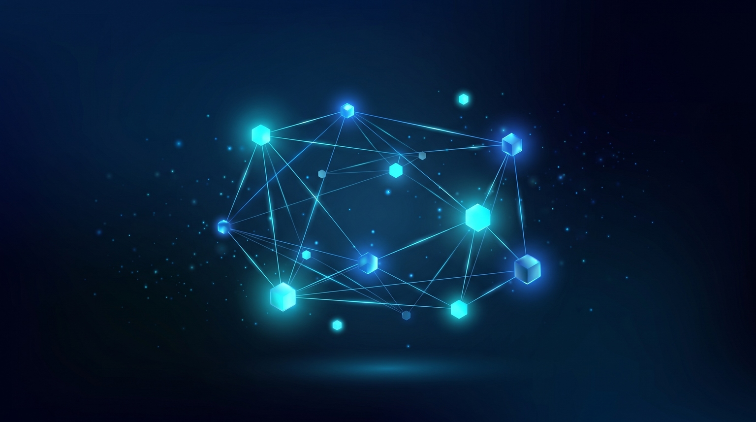 Lessons learned as a small cluster of cyan nodes of varying intensities — bright and dim — connected in a loose network representing different lessons