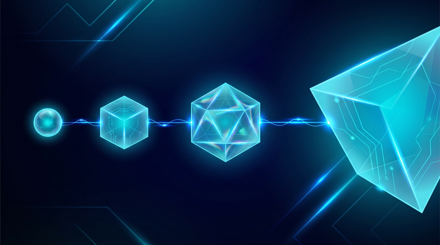 The new four-phase editorial workflow: brief → draft → review → publish — connected cyan nodes with the review phase rendered as a faceted polyhedron suggesting careful inspection