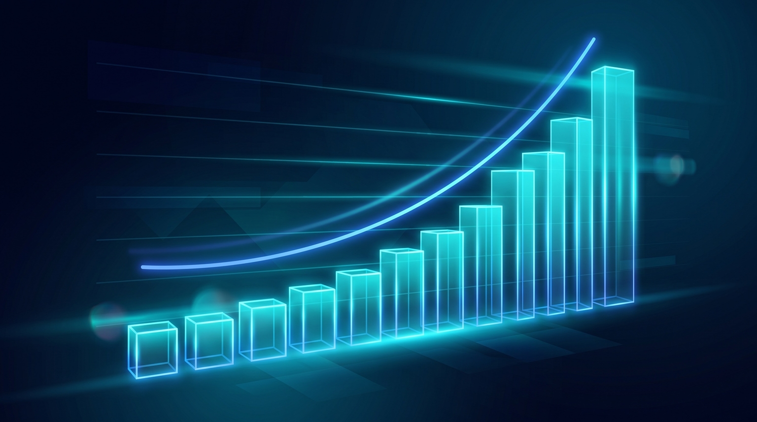 Production scaling chart: bars increasing dramatically from left to right (10 articles/month to 100 articles/month), each translucent with electric-blue edge lighting and an upward trend line above